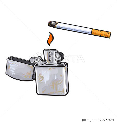 Silver Metal Lighter And Burning Cigarette Sketchのイラスト素材