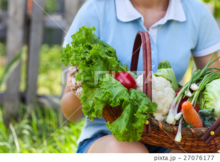 Woman wearing gloves with fresh vegetables in box 27076177