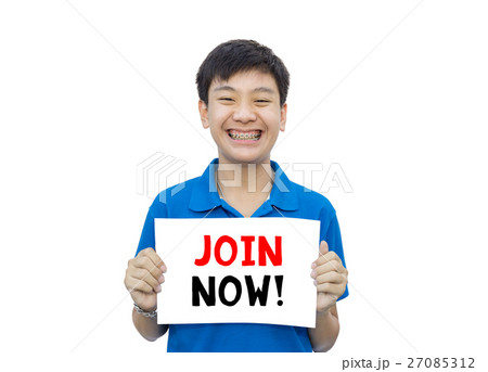 Asian teen smile showing JOIN NOW message. 27085312