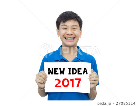 Asian teen smile showing NEW IDEA 2017 message. 27085314