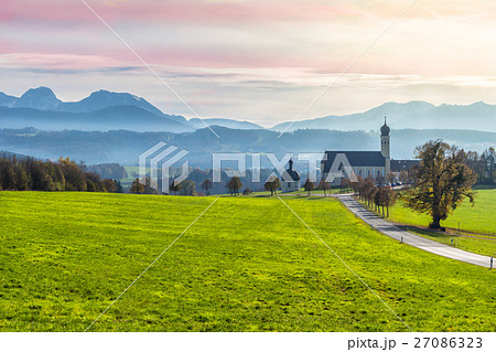 Green colorful meadow, road, chapel, church Green colorful meadow, road, chapel, church 27086323