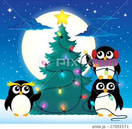 Penguins around Christmas tree theme 3 27093571