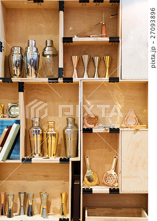 Barman equipment. Bartender tools in wooden boxes. Barman equipment. Bartender tools in wooden boxes. 27093896