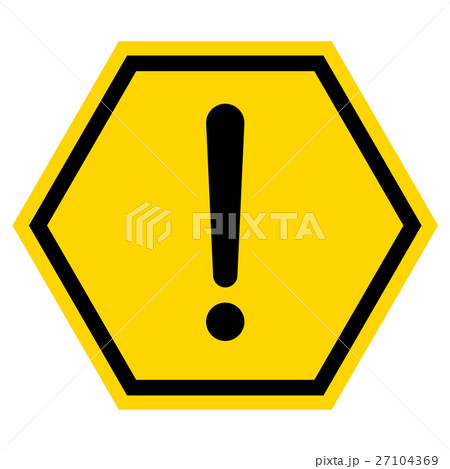 Yellow Hazard warning sign with hexagon symbol. 27104369