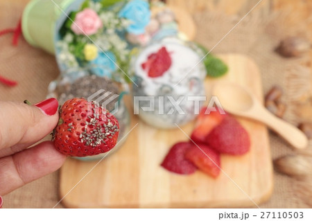 Chia seeds with milk and fresh strawberries. Chia seeds with milk and fresh strawberries. 27110503