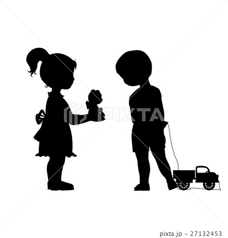Girl and boy with little car silhouettes. Friends Girl and boy with little car silhouettes. Friends 27132453