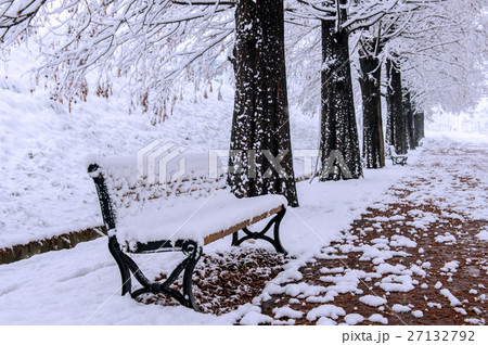 View of bench and trees with falling snow. 27132792