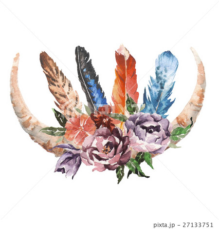 Watercolor boho chic image Flowers, feathers 27133751