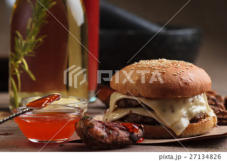 Classic double cheeseburger with ingredients Classic double cheeseburger with ingredients 27134826