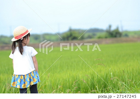 女の子 田園 後ろ姿 麦わら帽子の写真素材