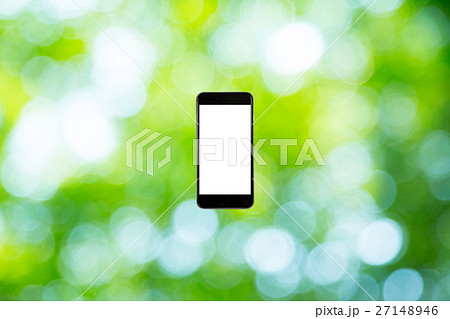 スマホと新緑イメージ　合成用背景素材　緑の背景　植物　春　初夏　木漏れ日　緑とコピースペース 27148946