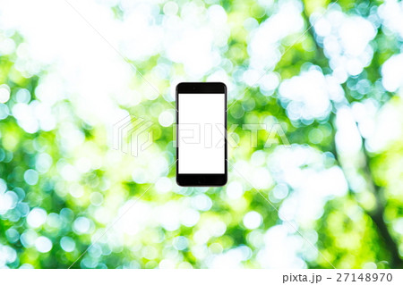 スマホと新緑イメージ 合成用背景素材 緑の背景 植物 春 初夏 木漏れ日 緑とコピースペースの写真素材