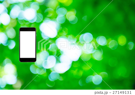 はめこみ　スマホ新緑イメージ　合成用背景素材　緑の背景　植物　春　初夏　木漏れ日　緑とコピースペース 27149131