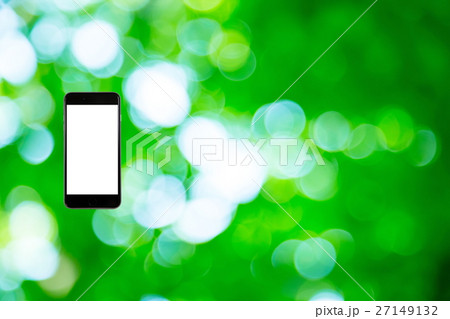 はめこみ　スマホ新緑イメージ　合成用背景素材　緑の背景　植物　春　初夏　木漏れ日　緑とコピースペース 27149132