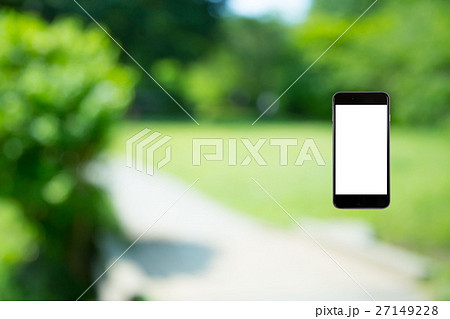 はめこみ　スマホ新緑イメージ　合成用背景素材　緑の背景　植物　春　初夏　木漏れ日　緑とコピースペース 27149228