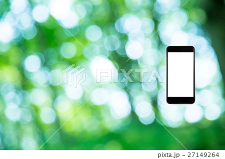 はめこみ　スマホ新緑イメージ　合成用背景素材　緑の背景　植物　春　初夏　木漏れ日　緑とコピースペース 27149264