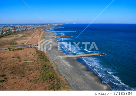 九十九里一宮町釣ヶ崎海岸 一宮東浪見海岸周辺を空撮の写真素材