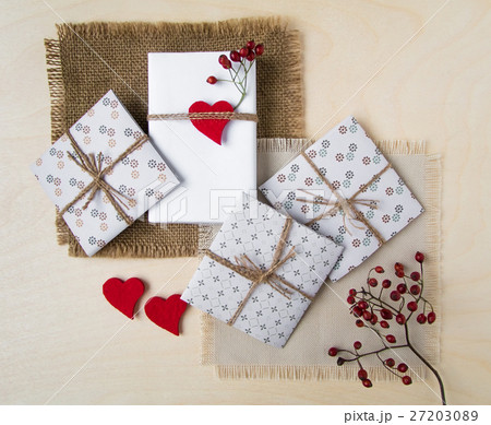 Rustic handmade gift boxes. Top view, flat lay Rustic handmade gift boxes. Top view, flat lay 27203089