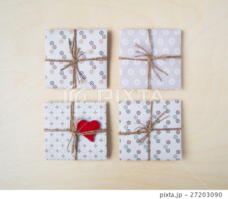Rustic handmade gift boxes. Top view, flat lay Rustic handmade gift boxes. Top view, flat lay 27203090