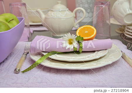 Porcelain plates and pot with violet details 27218904