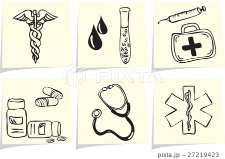 Medical and pharmacy icons on yellow memo sticks 27219423