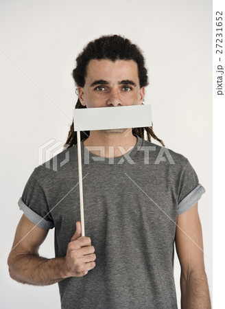 Hipster Man Voiceless Covering Mouth Speechless Concept Hipster Man Voiceless Covering Mouth Speechless Concept 27231652