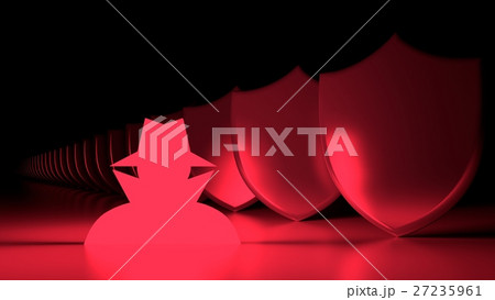 Glowing red hacker and a row of metal shields 27235961