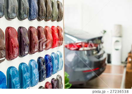 Various car metallic paint samples on stand Various car metallic paint samples on stand 27236538
