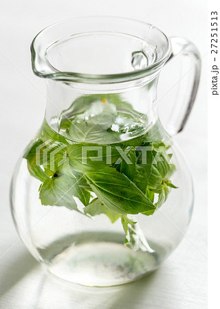 Water with fresh basil in the glass jug Water with fresh basil in the glass jug 27251513