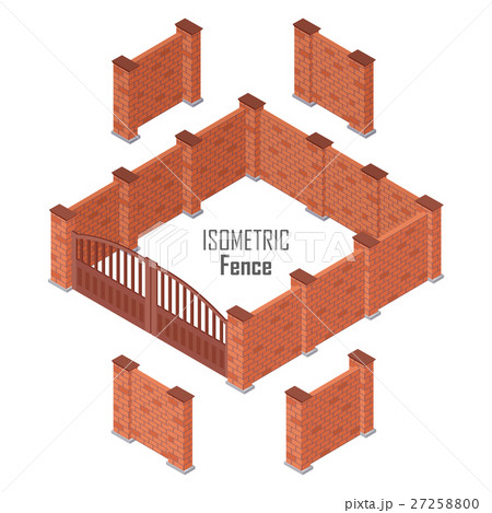 Iron Fence with Brick Columns Isolated on White 27258800