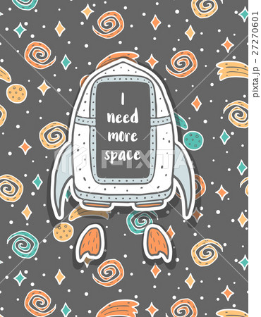 Hand drawn childish postcard with spaceship in 27270601