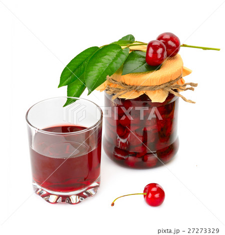 glass of cherry juice and jar of jam 27273329