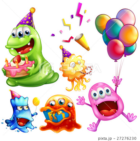 Monsters at party with cake and balloons 27276230
