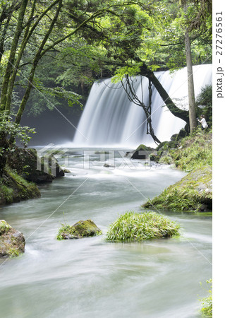 神秘的な光のカーテン光芒木漏れ日が美しい熊本県小国町の人気観光スポット鍋ヶ滝の写真素材