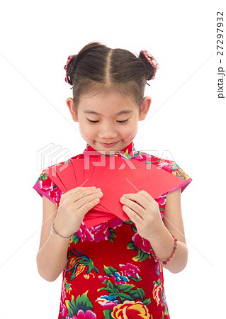 happy chinese new year. smile asian girl holding red envelope happy chinese new year. smile asian girl holding red envelope 27297932