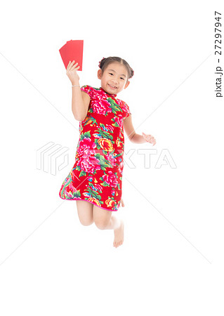happy chinese new year. smile asian girl holding red envelope happy chinese new year. smile asian girl holding red envelope 27297947