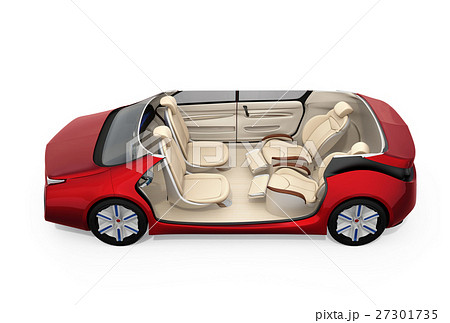 自動運転車のシートレイアウト 回転可能な前方シートとリクライニング マッサージ機能付きの後部シートのイラスト素材