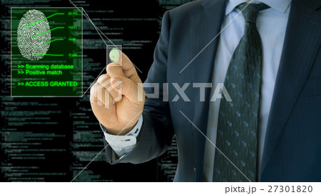 Businessman pressing a scanner access granted Businessman pressing a scanner access granted 27301820