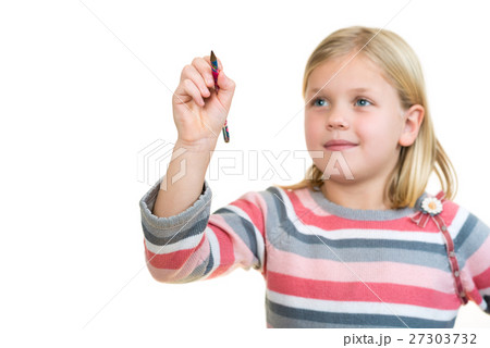 cute little girl drawing in the air or imaginary cute little girl drawing in the air or imaginary 27303732