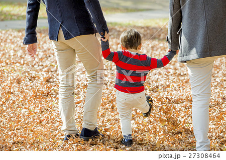 秋の公園を歩く3人家族の後ろ姿の写真素材 秋の公園を歩く3人家族の後ろ姿の写真素材
