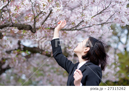春風が吹く中 桜に手を伸ばす新入社員の女性 ビジネスウーマンの写真素材