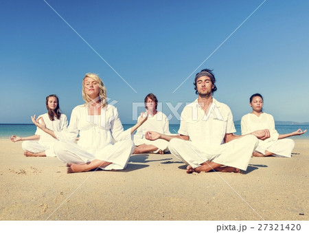 Beach Yoga Balance Calm Relaxing Exercise Concept Beach Yoga Balance Calm Relaxing Exercise Concept 27321420
