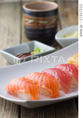 nigiri sushi on old wooden table nigiri sushi on old wooden table 27327212