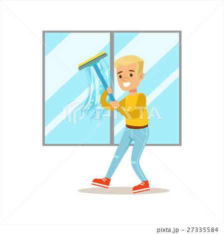 Boy Washing Windows With Squeegee Smiling Cartoon Boy Washing Windows With Squeegee Smiling Cartoon 27335584