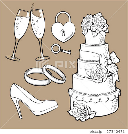 Wedding icons - cake, rings, glasses of champagne 27340471