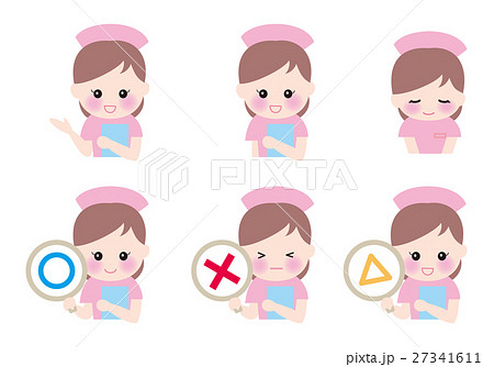 看護師 女性ナース 6ポーズ 笑顔 赤 青 バリエーションのイラスト素材