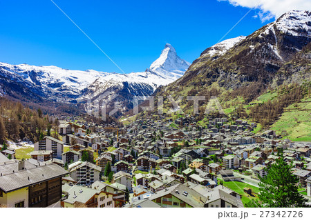 Zermatt village and Matterhorn Peak in background. Zermatt village and Matterhorn Peak in background. 27342726