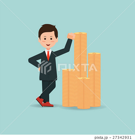 businessman standing  near a pile of gold coins. 27342931
