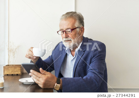 Senior Man Coffee Shop Communication Connection Technology Concept Senior Man Coffee Shop Communication Connection Technology Concept 27344291
