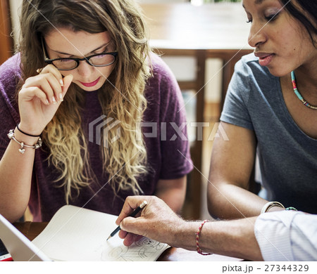 Friends Working Discussion Meeting Sharing Ideas Concept 27344329